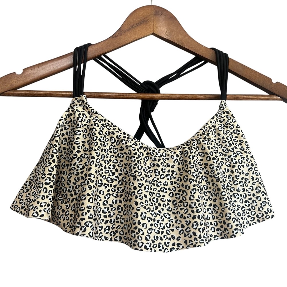 Miss Me Leopard Print Ruffle Bikini Top Strappy Back Women Size M